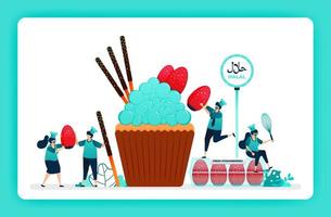 Ilustración de menú de comida halal de cupcake dulce. fresas frescas y palitos de chocolate para cubrir muffins. El diseño se puede utilizar para sitios web, sitios web, páginas de destino, banners, aplicaciones móviles, ui ux, carteles, folletos. vector