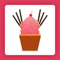 Ilustración de cupcake con crema batida de fresa gigante y cobertura adicional, seis palitos de chocolate y cerezas. el diseño puede ser para libros, folletos, carteles, sitios web, aplicaciones, páginas de destino, libros de cocina vector