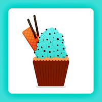 Illustration of tasty cupcake with mint wimp cream with extra topping of choco chip, wafer and chocolate stick. Design can be for books, flyer, poster, website, web, apps, landing page, cookbook vector