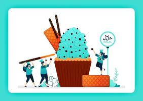 Food illustration of cook halal sweet cupcakes. Muffins topping with cream, waffle, chocolate chip, biscuit. Design can use for website, web, landing page, banner, mobile apps, ui ux, poster, flyer vector