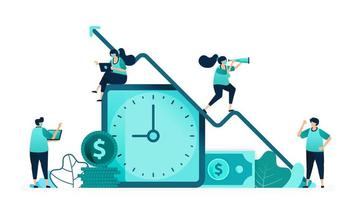 vector illustration of improve quality of time and employee income. clock with a dollar bill and a pile of coins. women and men workers. designed for website, web, landing page, apps, poster, flyer