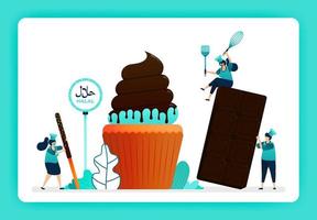 Ilustración de cocinar cupcakes dulces halal y panadería. muffin con cobertura de chocolate dulce derretido y cacao. El diseño se puede utilizar para sitios web, sitios web, páginas de destino, banners, aplicaciones móviles, ui ux, carteles, folletos. vector