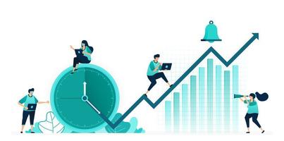 vector illustration of hours and schedules to improve company performance. company profits increasing on chart. women and men workers. designed for website, web, landing page, apps ui ux, poster flyer