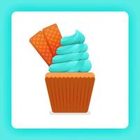 Ilustración de un delicioso cupcake con un toque de helado de sabor a menta o chicle. cobertura extra de doble waffle. el diseño puede ser para libros, folletos, carteles, sitios web, aplicaciones, páginas de destino, libros de cocina vector