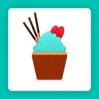 Illustration of tasty cupcake with mint flavored whip cream with added double strawberries and three chocolate sticks. Design can be for book, flyer, poster, website, web, apps, landing page, cookbook vector