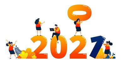 cuenta regresiva de 2020 a 2021 con tema de trabajo en equipo en el año siguiente. El concepto de ilustración vectorial se puede utilizar para la página de destino, plantilla, ui ux, web, aplicación móvil, póster, pancarta, sitio web, folleto vector