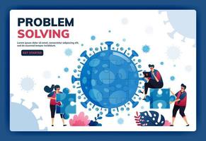 Landing page vector illustration of teamwork and brainstorming to solve problems and find solutions during the covid-19 virus pandemic. Symbol of collaboration, virus, puzzle. Web, website, banner