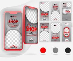 five red mockup smartphones for online promotion and internet marketing, with 6 template social media templates, can use for, landing page, template, ui, web, mobile app, poster, banner, flyer, vector