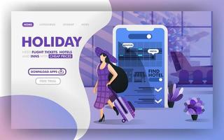 Low-cost vacation using a mobile application Vector Illustration concept, women with hats holiday using app . Easy to use for website, banner, landing page, flyer, print, mobile, poster, template, UI