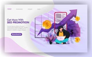 Optimización de ganancias con ilustración web de vector de promoción seo, niña estudiando promoción seo para aumentar los ingresos. fácil de usar para sitio web, banner, folleto, impresión, móvil, aplicación, cartel, plantilla, ui ux