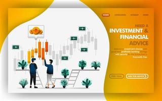 Investment and financial advice Vector Web Illustration, man referring and advises his friend about a good investment choice. Can to use for website, banner, brochure, flyer, print, mobile, poster, UI