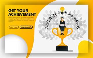 Vector illustration. Yellow website banner about get your achievement. bachelor sit on a trophy carrying a laptop and wearing toga. can use for online, print page, poster, mobile apps, UI. Flat style