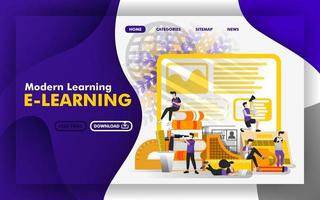 Vector illustration concept. websites about modern learning or e-learning. Group of students are studying in the middle of stationery. suitable for mobile apps, print , online, UI. Flat cartoon style