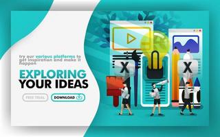 Vector illustration green web banner about exploring your idea. people walking around stationery and light bulb to find and get ideas and inspiration. Can use for print page. Flat cartoon style