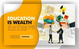 ilustración vectorial banner amarillo y blanco sitio web sobre la educación es riqueza. El empresario intercambia dinero y acciones en el servicio a cambio de conocimientos, ideas, libros y una bombilla. estilo plano vector