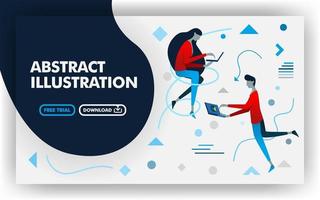 sitio web de banner de ilustración abstracta de vector con blanco y azul oscuro. mujeres y hombres que trabajan con laptop. adecuado para sitios web, páginas de destino, carteles, impresos, en línea, presentaciones. estilo de dibujos animados plana