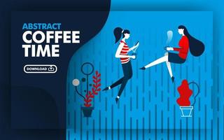 banner de sitio web de ilustración abstracta de vector con azul, azul oscuro y rojo con tema de la hora del café. dos mujeres se relajaban tomando café bajo la lluvia. puede utilizar para la página. estilo de dibujos animados plana