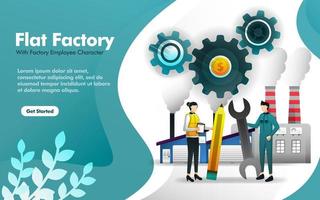 factory worker standing in front of the factory building in flat style. can use for, landing page, web, mobile app, poster, vector illustration, online promotion, internet marketing, finance, trading