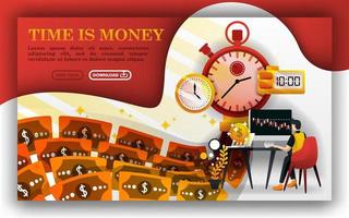 time is money, metaphor of a money machine, a man determining his investment. can use for, landing page, template, ui, web, flyer, vector illustration, online promotion, internet marketing, finance