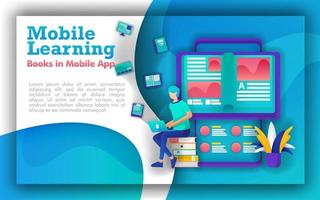 Abstract illustration for mobile learning and education. students sit in piles of books, books that come out of smartphone. online learning using mobile apps. Learning programs make education upgrades vector