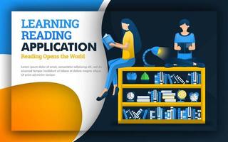 illustration of learning reading application. students read above the bookshelf. reading improves quality education and learning skills. schools provide faculty of education such as library for free vector