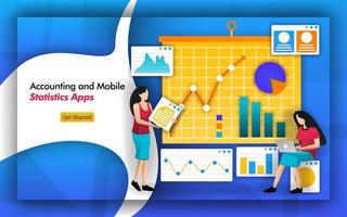 accountant need statistics for bookkeeping. accounting firms have mobile statistics apps to manage data from a company. analysis includes tax, payroll, finance, income and data flow. Flat vector style
