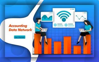 Internet and wifi networks make it easy for Accounting Data Network to determine cost accounting and tax planning. Accounting services provide data access for small businesses. Flat vector style