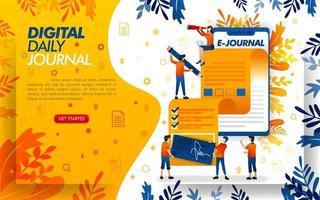 la aplicación escribe una revista para periodismo, escribe una revista o artículo con teléfono inteligente, ilustración vectorial de concepto. se puede utilizar para, página de destino, plantilla, interfaz de usuario, web, aplicación móvil, póster, banner, flayer vector