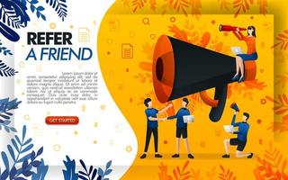 giant megaphone for online promotion and referral programs. refer to a friend website, people who shake hands and make a deal, concept vector ilustration. can use for, page, mobile app, poster, flayer