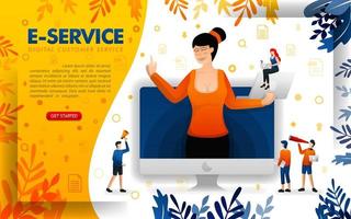 women serve customers with digital service technology. e-service to service online startup businesses, concept vector ilustration. can use for, landing page, template, ui, web, mobile app, poster