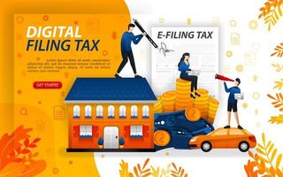 digital filing tax, filling in online taxes, people who report their wealth online, concept vector ilustration. can use for, landing page, template, ui, web, mobile app, poster, banner, flayer