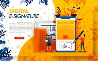 firma digital para la seguridad de los documentos. firmas electrónicas para fines comerciales y acuerdos, ilustración vectorial de concepto. se puede utilizar para, página de destino, plantilla, interfaz de usuario, web, aplicación móvil, póster, banner vector