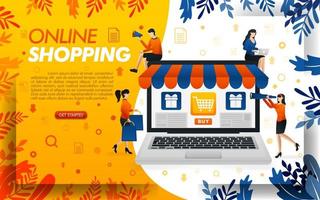 diseño de sitios web de compras online. la gente está comprando en línea con computadoras portátiles, ilustración de vector de concepto. se puede utilizar para, página de destino, plantilla, interfaz de usuario, web, aplicación móvil, póster, banner, flayer