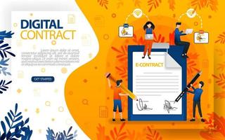 firmas online de acuerdos y contratos. personas que firmaron acuerdos y contratos, ilustración vectorial de concepto. se puede utilizar para, página de destino, plantilla, interfaz de usuario, web, aplicación móvil, póster, banner, flayer vector