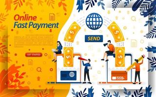 Fastest online payment. transfer money online with cards and smartphones. send money, concept vector ilustration. can use for, landing page, template, ui, web, mobile app, poster, banner, flayer