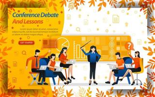 Conference debate and lessons. women teaching business and students are debating, concept vector ilustration. can use for landing page, template, ui, web, mobile app, poster, banner, flyer, website