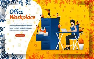 female workers work on assignments on the work desk with workplace offices and document shelves, concept vector ilustration. can use for landing page, template, ui, web, mobile app, poster, banner