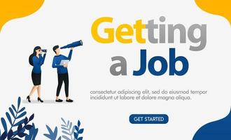 People who are looking for work by looking at the letters Getting a job, concept vector ilustration. can use for landing page, template, ui web, mobile app, poster, banner, flyer, background, website