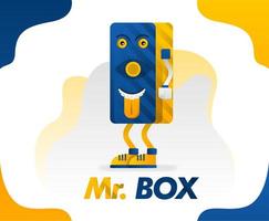 Mr box, a box monster with sticking out a tongue in a simple style for kids because it's funny, concept vector illustration. can be for mugs, shirts, cups, posters, clothes ,stationery, school item
