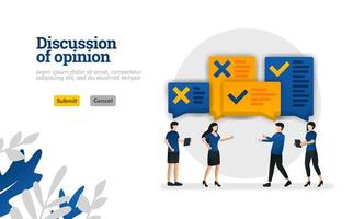 Discussion of opinion with illustrations of people who were debating vector illustration concept can be use for, landing page, template, ui ux, web, mobile app, poster, banner, website