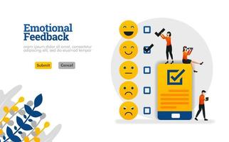 comentarios emocionales con emoticonos y listas de verificación en teléfonos inteligentes, el concepto de ilustración vectorial se puede utilizar para, página de destino, plantilla, ui ux, web, aplicación móvil, póster, banner, sitio web vector