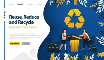 reutilizar, reducir y reciclar con ilustraciones de botes de basura y pilas de basura de la ciudad, el concepto de ilustración vectorial se puede utilizar para, página de destino, plantilla, ui ux, web, aplicación móvil, póster, banner, sitio web vector