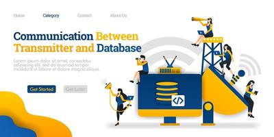 Communication between transmitter and storage device. database processes data in device. Vector flat illustration concept, can use for, landing page, template, ui, web, homepage, poster, banner, flyer