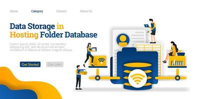 almacenamiento de datos en la carpeta de la base de datos de alojamiento. abra y cambie varios archivos de la carpeta de alojamiento. concepto de ilustración plana vectorial, se puede utilizar para, página de destino, plantilla, web, página de inicio, póster, pancarta, folleto vector