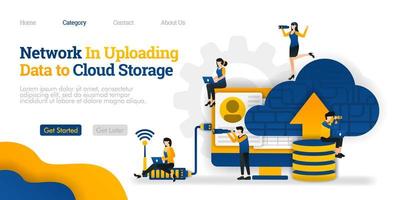 Network in Uploading data to Cloud Storage. upload data on  database to cloud for sharing. Vector flat illustration concept, can use for, landing page, template, web, homepage, poster, banner, flyer