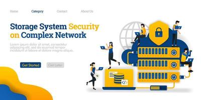 Storage System Security in Complex Network. hosting made complicated for data security. Vector flat illustration concept, can use for, landing page, template, ui, web, homepage, poster, banner, flyer