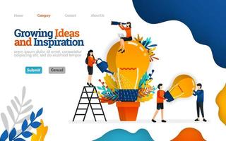 ideas crecientes e inspiración para los negocios. trabajo en equipo para fomentar la inspiración y las ideas. concepto de ilustración plana vectorial, se puede utilizar para, página de destino, plantilla, interfaz de usuario, web, página de inicio, cartel, banner, volante vector