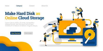 Make Harddisk as Online Cloud Storage. file sharing in hard storage to cloud hosting. Vector flat illustration concept, can use for, landing page, template, ui, web, homepage, poster, banner, flyer