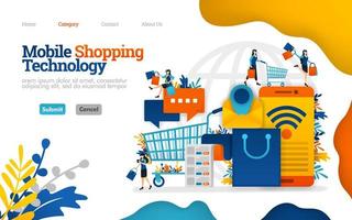 Mobile shopping technology, managing shopping and daily necessities with e-commerce. Vector flat illustration concept, can use for, landing page, template, ui, web, homepage, poster, banner, flyer