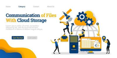 Communication of File With Cloud Storage between personal device, storage and satellite. Vector flat illustration concept, can use for, landing page, template, ui, web, homepage, poster, banner, flyer